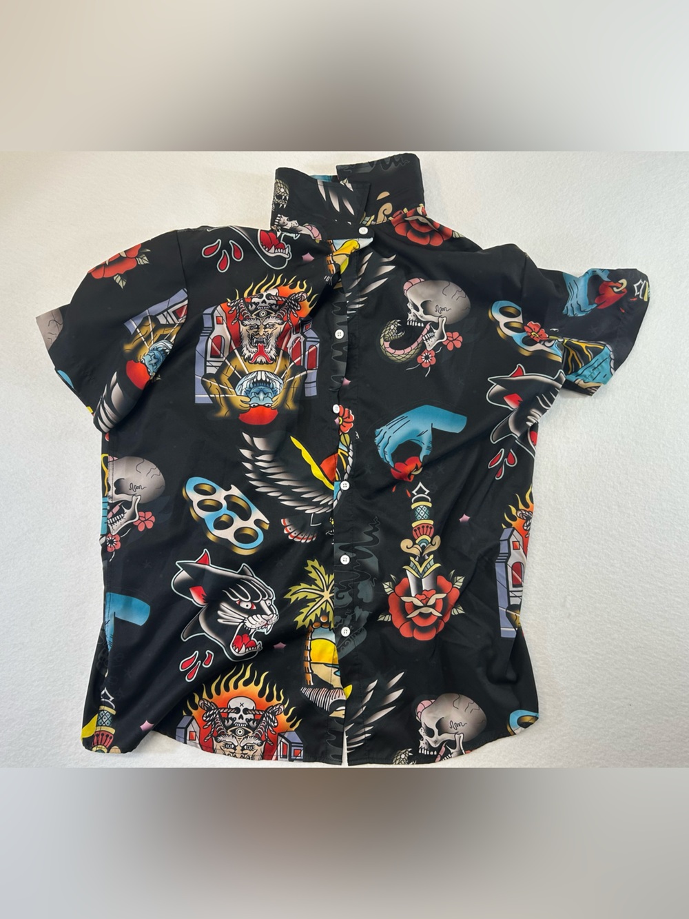 Manfinity Black Short-Sleeve Button-Up classic Tattoo Print Shirt men XL
